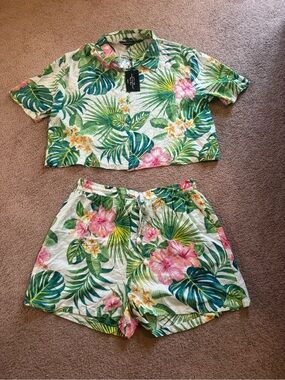 Tropical Floral Lounge Set - Green & Pink